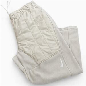 Nike Quilted Fleece Lined Pants Cream Beige Elastic Waist Drawstring Size L